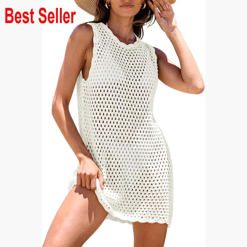 Sleeveless Knit Crochet Mini Dress Coverup, 100% Acrylic